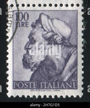 ITALIEN - UM 1961: Briefmarke gedruckt von Italien, zeigt Entwürfe aus der Sixtinischen Kapelle von Michelangelo, Hesekiel, um 1961 Stockfoto