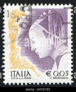 ITALIEN - UM 2002: Stempel gedruckt von Italien, zeigt Königin von Sheba aus dem Treffen von König Salomo und der Königin von Sheba von Piero della Francesa, circ Stockfoto