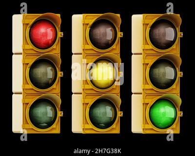 Ampel mit roten, gelben und grünen Lichtern isoliert auf schwarzem Hintergrund. 3D Abbildung. Stockfoto