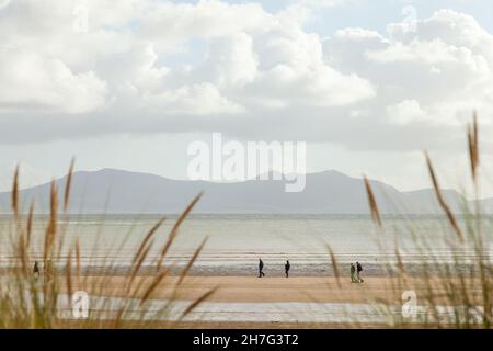 Spaziergänger am Newborough Beach, Isle of Anglesey, Wales Stockfoto
