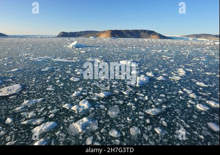 DÄNEMARK. GRÖNLAND. WESTKÜSTE. DAS EISFELD DER QUERVAIN'S BAY VOR DEM GLACIAR EQIP SERMIA. Stockfoto