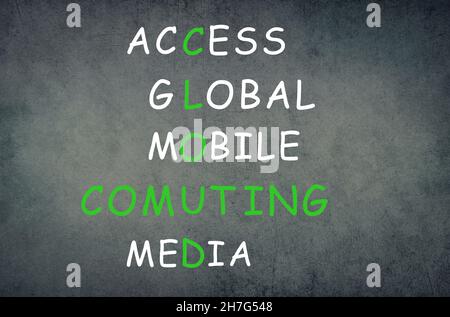 Cloud Computing Kreuzworträtsel, Zugriff auf globale Medien, schwarzes Brett mit Wörtern, Geschäftskonzept Stockfoto