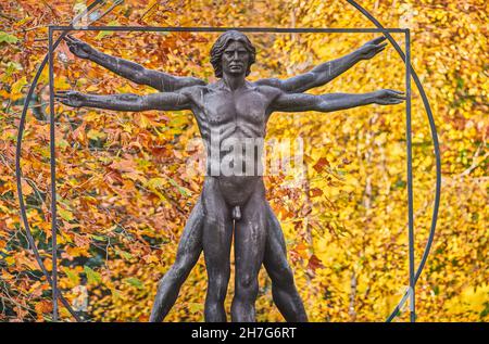 Statue des vitruvianischen Mannes (Leonardo da Vinci) im Garten des Belgrave Square, London, England. Stockfoto