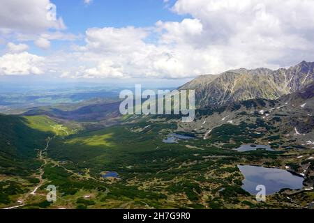 Panoramablick auf Bergteiche im Gasienicowa-Tal, Tatra-Gebirge, Polen Stockfoto