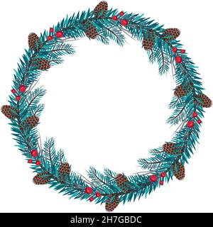 Runder Weihnachtsrahmen aus Tannenzweigen mit blauen Nadeln, roten Beeren und Zapfen. Festliche Dekoration für Neujahr und Winterferien Stock Vektor