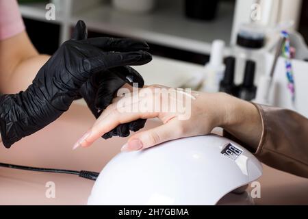 Der Manikurist trägt nach der Maniküre Feuchtigkeitscreme auf die Hände des Kunden auf. Stockfoto