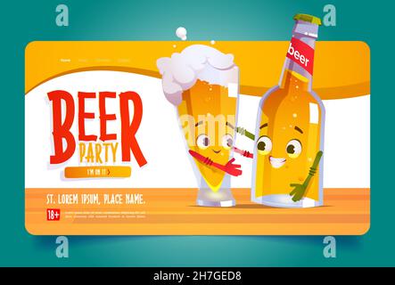 Bier Party Cartoon Landing Page, lustige Flasche und Glas mit schäumenden Drink-Figuren umarmen. Alkohol Festival Event Einladung, kawai lustige Tasse und Flasche mit niedlichem Gesicht, Oktoberfest Vector Web-Banner Stock Vektor