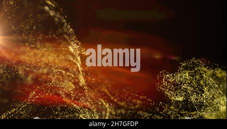 Bild von gelber Partikelwolke und orangefarbenem Licht auf schwarzem Hintergrund Stockfoto
