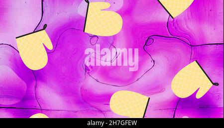 Abbildung der Abbildung der gelben Ofenhandschuhe, die auf rosa Hintergrund fallen Stockfoto