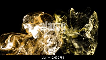 Bild einer gelben, orangen und weißen Partikelwolke, die sich auf schwarzem Hintergrund bewegt Stockfoto