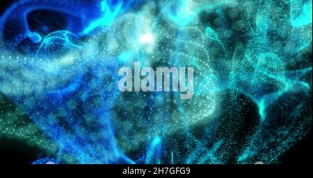 Bild von blauem Dampf über einem leuchtenden Punktnetz, das sich auf schwarzem Hintergrund bewegt Stockfoto