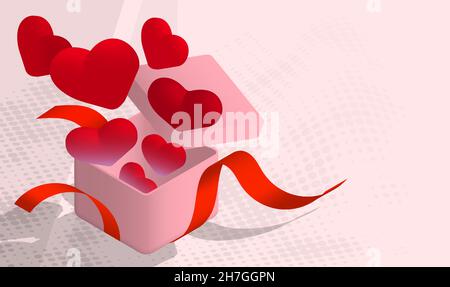 Rote Herzballons fliegen aus der Geschenkbox. Geschenke und Überraschungen zum valentinstag. Isometrischer realistischer 3D-Vektor Stock Vektor