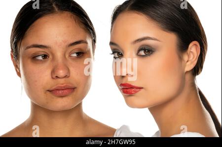 Vergleichsporträt einer Frau ohne und mit Make-up auf weißem Hintergrund Stockfoto