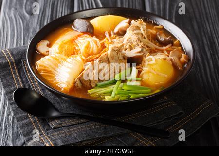 Leckere würzige Gamjatang koreanische Schweinebone-Suppe mit cremigen Kartoffeln und zart saftigem Schweinefleischfleisch aus nächster Nähe in der Schüssel auf dem Tisch. Horizontal Stockfoto