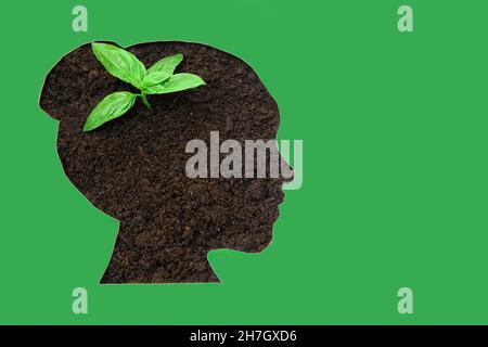 Babypflanze in Erde, die durch den Kopf der Frau kommt, geformt aus grünem Papier. Frauen in der ökologischen Landwirtschaft. Stockfoto