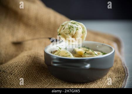 Gekochte Knödel mit Fleischfüllung in einer Schüssel Stockfoto