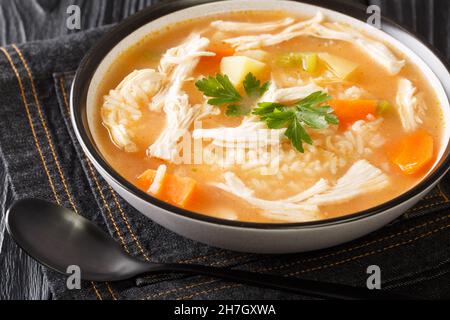 Hühnersuppe mit Reis, Kartoffeln, Sellerie und Karotten in einer Schüssel auf dem Tisch. Horizontal Stockfoto