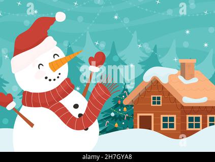 Cartoon Weihnachten Winter Szene Karte mit niedlichen Schneemann Stock Vektor