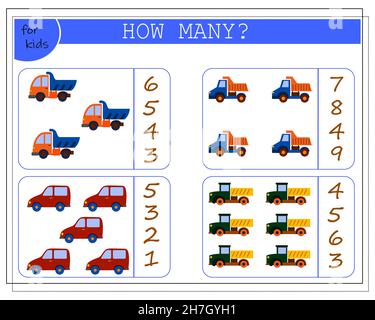 Kinder-Mathe-Spiel, zählen, wie viele von ihnen. Kinderspielzeug Autos. vektor Stock Vektor