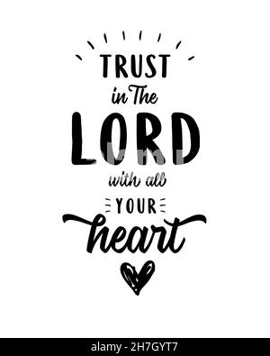 Vertraut dem Herrn mit eurem ganzen Herzen - christlicher Vektor biblisches Emblem aus Sprüchen mit Lichtstrahlen und Herz-Doodle-Symbol Stock Vektor