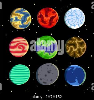 Neun bunte realistische Planeten Vektor enthalten Mond. Hervorragend geeignet für Spiele, Schriftzüge und jegliche Anpassungen. Stock Vektor