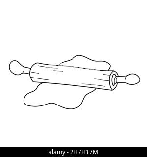 Einfache Malseite. Bild für Kinder. Küche - Nudelholz und Teig. Vektorgrafik Stock Vektor