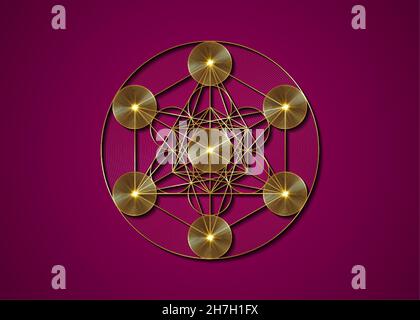 Gold Metatrons Cube, Blume des Lebens. Heilige Geometrie, grafische geometrische Elemente. Mystische Ikone platonische Körper, abstrakte geometrische Zeichnung, Kornkreis Stock Vektor