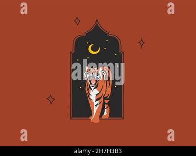 Hand gezeichnet Vektor abstrakt Stock Grafik Cartoon Illustration mit Schönheit niedlich himmlisch trendy Wildlife weiß, Mond Tiger, Mond und Sterne isoliert auf Stock Vektor