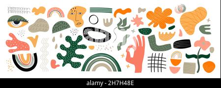 Big Boho Set Vektor in Hand gezeichnet Stil. Verschiedene Flecken, Formen. Hand, Blätter, Doodle-Elemente werden gezeigt. Abstrakt unkonventionell, retro, trendy und contem Stock Vektor