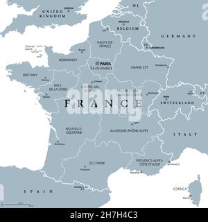 Frankreich, Metropolregionen, graue politische Landkarte. Französische Republik mit Hauptstadt Paris und Verwaltungsregionen auf dem europäischen Festland. Stockfoto