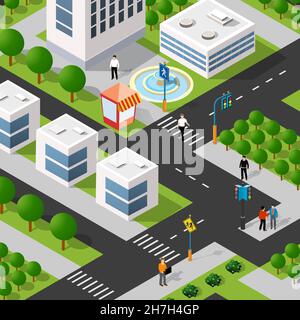 Lifestyle Kreuzung Illustration des Stadtblocks mit Menschen Stock Vektor