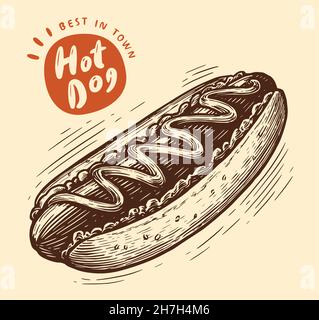 „Hot Dog“-Skizze. Sandwich mit Wurst handgezeichnete Vektorgrafik Stock Vektor