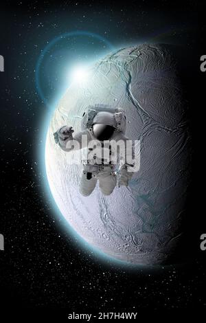 Astronaut im äußeren offenen Raum über dem Planeten .Stars bieten den Hintergrund.erforming einen Raum über dem Planeten Earth.Sunrise, Sunset.Our Haus. ISS.Elemente Stockfoto