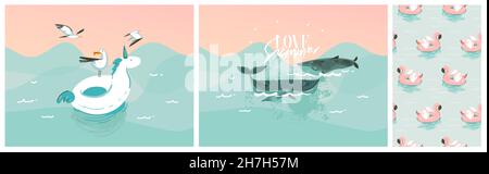 Handgezeichnete Vektor abstrakt Stock Grafik Sommer Cartoon, minimalistische zeitgenössische Illustrationen Drucke Sammlung Set mit Strand aufblasbaren Einhorn Stock Vektor