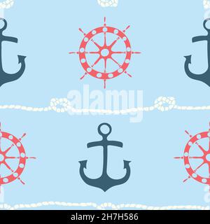 Nahtloses Vektormuster mit Anker und Schiffsrad auf blauem Hintergrund. Einfaches marine Tapeten-Design. Dekorative nautische Mode Textil. Stock Vektor