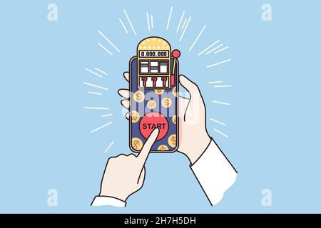 Online-Wetten und Glücksspiel-Konzept. Menschliche Hände halten Smartphone mit Wetten und Start-Taste auf dem Bildschirm über blauem Hintergrund Vektorgrafik Stock Vektor