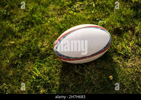 Rugby Ball, Gilbert, auf Sportplatz mit grünem Gras für das Spiel Rugby. Konzentrieren Sie sich auf den Ball, die Sportbasis im Hintergrund. Stockfoto