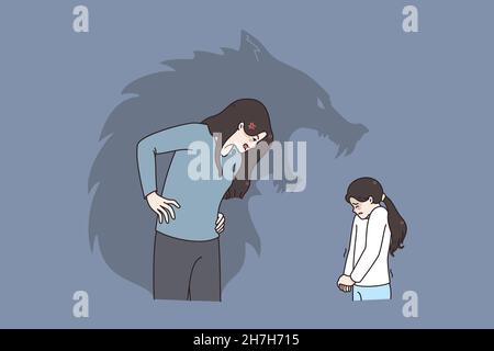 Home Belästigung und Ängste Konzept. Wütend wütende Frau Mutter stehend und schrie Angst erschrocken Tochter Mädchen sehen sie als riesige Wolf Vektor-Illustration Stock Vektor