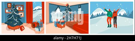 Hand gezeichnet Vektor abstrakt Stock Grafik Frohe Weihnachten und Happy New Year Cartoon, Illustration drucken Sammlung mit Outdoor-Menschen Szenen und Stock Vektor