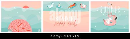 WebHand gezeichnet Vektor abstrakt Stock Grafik Sommer Cartoon, minimalistische zeitgenössische Illustrationen Drucke Sammlung Set mit Strand aufblasbaren Einhorn Stock Vektor