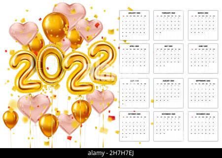 Kalender 2022 Gold und rosa Ballons 3D Zahlen. 12 Monate Woche beginnt am Sonntag, Vorlage Vektor Illustration Stock Vektor