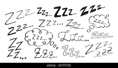 Sleep zzzz-Vektor in handgezeichneter Doodle-Set gesetzt. Symbol für Schlaflosigkeit im Skizzenstil. Doodle-Symbol-Illustration in der Umrisse. Stock Vektor