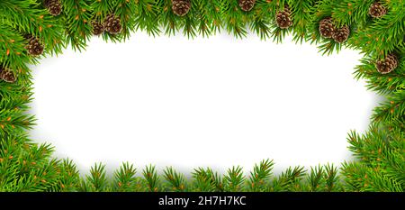 Rechteckige Umrandung aus immergrünen Fichtenzweigen, Tannenzapfen und Schneeflocken. Für Weihnachtsdekorationen und Grußkarten-Designs. Isolat Stock Vektor