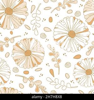 Nahtloses Vektor-Muster mit romantischen Blumen auf weißem Hintergrund. Dezartes florales Tapetendesign mit Gänseblümchen. Blume Wiese Mode Textil. Stock Vektor