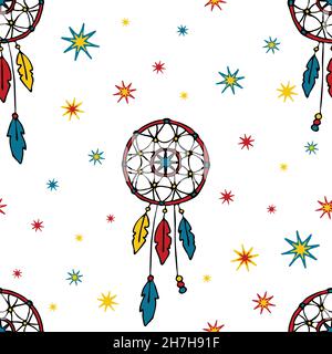Nahtloses Vektor-Muster mit Traumfänger auf weißem Hintergrund. Dekoratives Tapetendesign für Kinder. Zigeunermode Textil. Stock Vektor