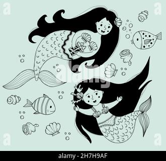 Set mythische Frau - nette Meerjungfrau. vektor handgezeichnete Kontur Illustration Set. Kollektion Naiad Muschelschalen, Fisch im linearen Doodle-Stil für thematische Stock Vektor