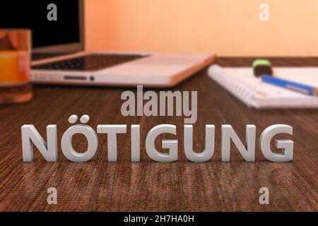 Noetigen - deutsch Wort für Zwang oder Zwang - Briefe auf Holzschreibtisch mit Laptop-Computer und Notebook. 3D Darstellung rendern. Stockfoto