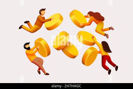 Menschen, die um die goldene Münze herumfliegen. Geldsparexperte, Anlageberatung, persönlicher Finanzberater. Vektorgrafik. Stock Vektor