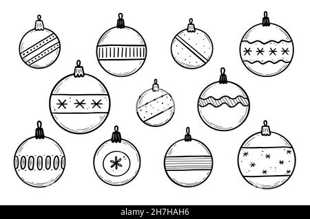 Doodle weihnachtskugel-Set. Handgezeichneter Skizzenstil. Weihnachtskugel mit schwarzer Linie. Isolierte Vektordarstellung. Stock Vektor