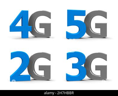 Blau und grau 5G, 4G, 3G, 2g Symbole, Symbole oder Tasten isoliert auf weißem Hintergrund, dreidimensionales Rendering, 3D Illustration Stockfoto